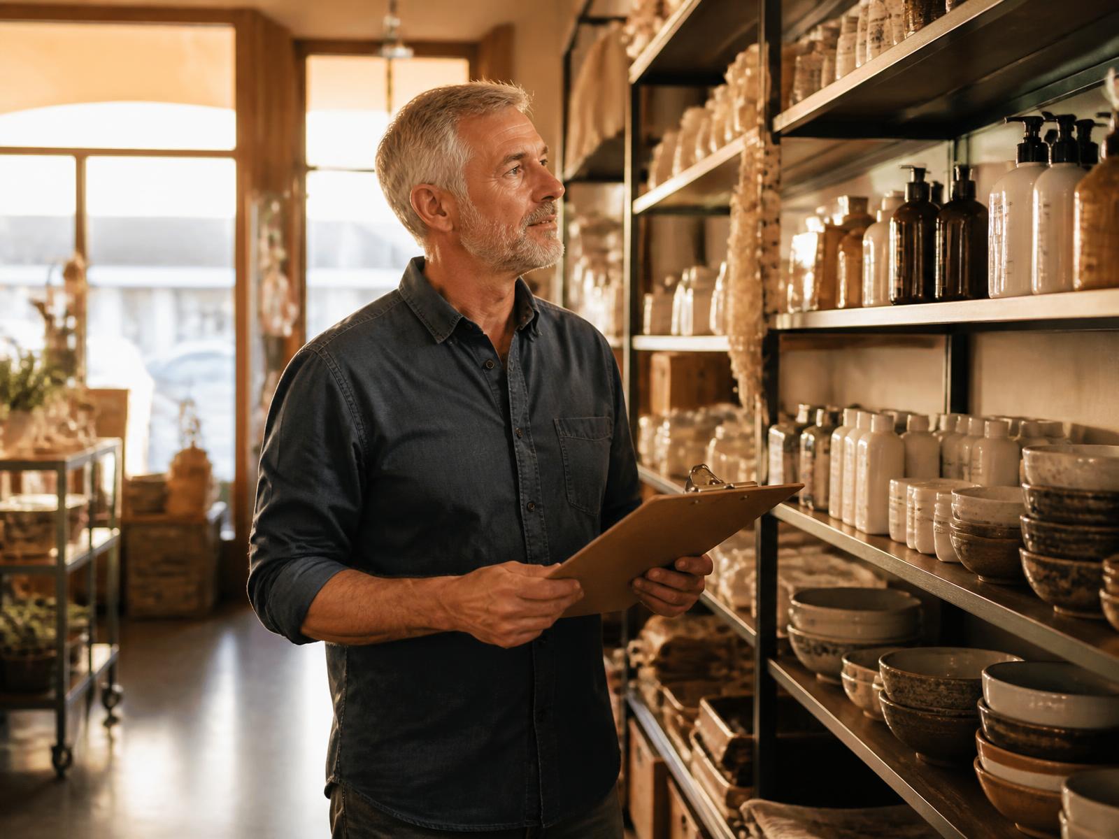 An independent store owner reviewing his shop floor early in the morning